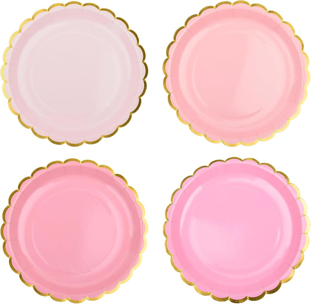 AimFun 48 Pcs Pink Scalloped Party Plates Gold Foil Border Paper Plates Mothers Day Disposable 9inch Gradient Serving Plates for Birthday Wedding Bridal Baby Shower Party Supplies
