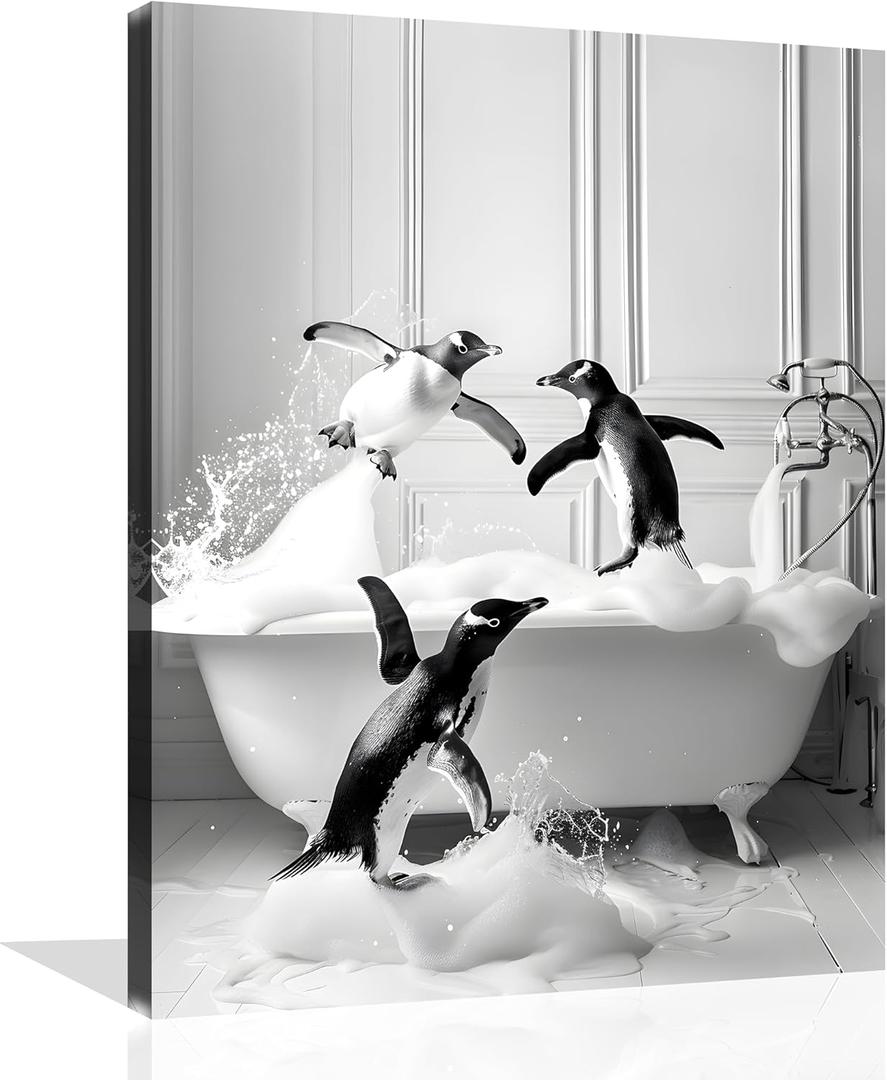 Funny Animals Bathroom Canvas Wall Art Penguin in Bathtub Wall Art Funny Animal Bathroom Painting Black and White Penguin Bathtub Pictures for Bath Restroom Wall Decor Framed 8X10 inch