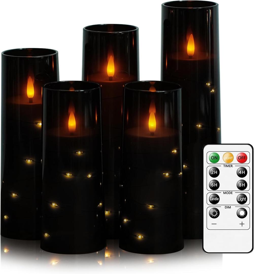 kakoya Flameless LED Candles with Timer 5 Pc Flickering Flameless Candles for Romantic Ambiance and Home Decoration Stable Acrylic Shell,with Embedded Star String,Battery Operated CandlesBlack