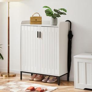 Modern Shoe Cabinet with Metal Legs, Farmhouse Large 5-Tier Shoe Storage Cabinet with Doors, Wooden Shoe Organizer for Entryway, Hallway, Closet, Bedroom, Living Room, White