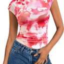 PRETTYGARDEN Women's Summer Floral Mesh Tank Tops 2025 Trendy Casual Cap Sleeve Slim Fitted Blouse Shirt Going Out Outfits (L)