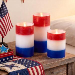 Tujoe 3 Pcs Blue Red and White Flameless Candles Patriotic LED Battery Pillar Candles Set 4th of July Independence Day Battery Operated Flickering Gifts with Remote Decorations for 250th Anniversary