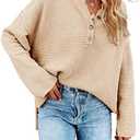 Saodimallsu Women's Oversized Sweaters Batwing Long Sleeve Loose V Neck Button Henley Tops Pullover Knit Jumper, Beige, L