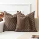 Kevin Textile Brown and Beige Patchwork Farmhouse Pillow Covers 24x24 Inch, Pack of 2 Striped Linen Decorative Modern Accent Pillow Cases for Sofa Couch Bedroom