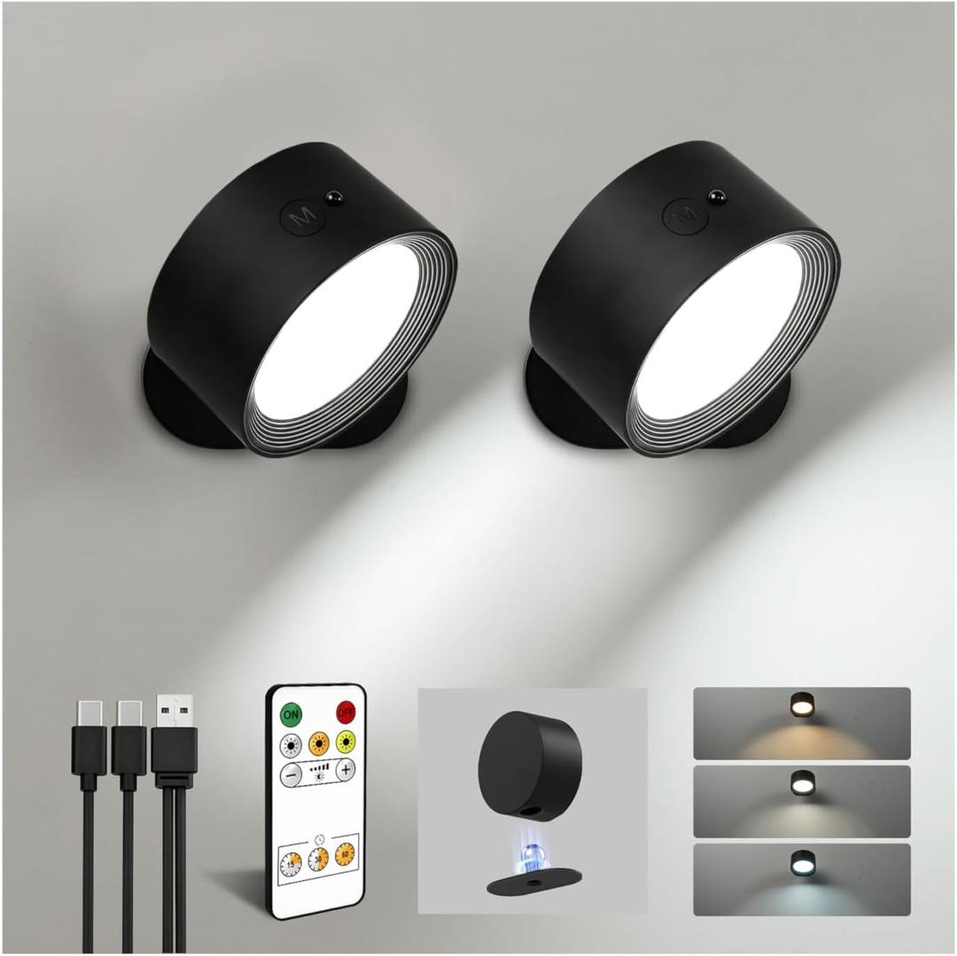 LED Wall Mounted Lights, Rechargeable Wall Sconce Lamps, 3 Color Temps & Remote and Touch, 360 Rotation Dimmable Cordless Wall Light for Study Bedroom Reading Bedside (Black, 2 Pack)