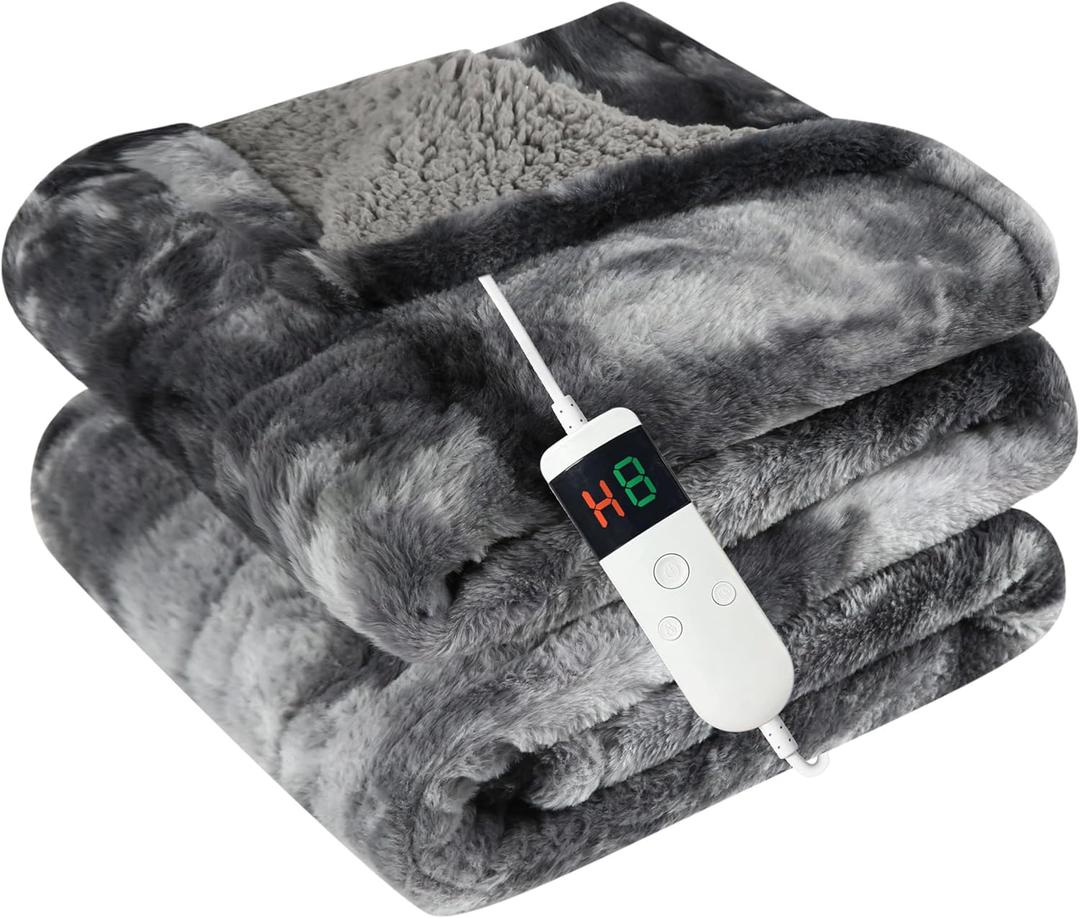 Electric Heated Blanket Throw 50''x60''Size Faux Fur Heating Blanket 10 Heating Settings, 1-8h Timer & Overheat Protection, Machine Washable, Soft Flannel and Sherpa Full Body Warmth