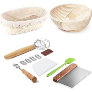 Dimpola Banneton Bread Proofing Basket Banneton Basket Set Sourdough Proofing Basket Round Proofing Bowls Handmade Rattan Baskets and Liners (Oval & Round Baking Set)