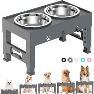 Elevated Dog Bowls with 2 Stainless Steel Bowls, Raised Dog Food Bowl Stand 5 Height Adjustable (3.1", 9", 10", 11", 12") Non-Slip Feeder Set for Medium and Large Dogs - Gray
