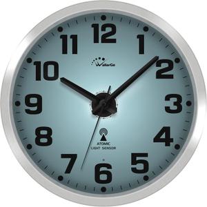 WallarGe Atomic Wall Clock with Night Light - Silent Lighted up Wall Clock Glow in The Dark, Battery Operated, AUTO DST, 12 Inch (Silver)