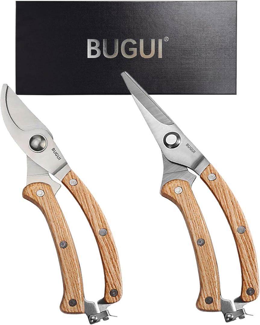 BUGUI 8 Wood Handle Garden Scissors, Set of 2, Includes Bypass Pruning Shears and Long Straight Tip Clippers, Premium Gardening Tools with Precision-Ground SK-5 Steel Blade