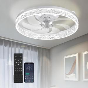 20 Inch Low Profile Ceiling Fans with Lights and Remote, Flush Mount Upgrade 7-Blade Ceiling Fan with Light, 3000K-6500K Dimmable Modern Fandelier Ceiling Fans for Bedroom, Diamond White