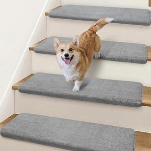 Ultra Plush Bullnose Carpet Stair Treads for Wooden Steps 9.5" x 32" | 14 Pcs Soft Stair Runner Rugs Indoor with Rounded Edge Protection, Residue-Free Non Slip Backing for Family, Pets, Blue Gray