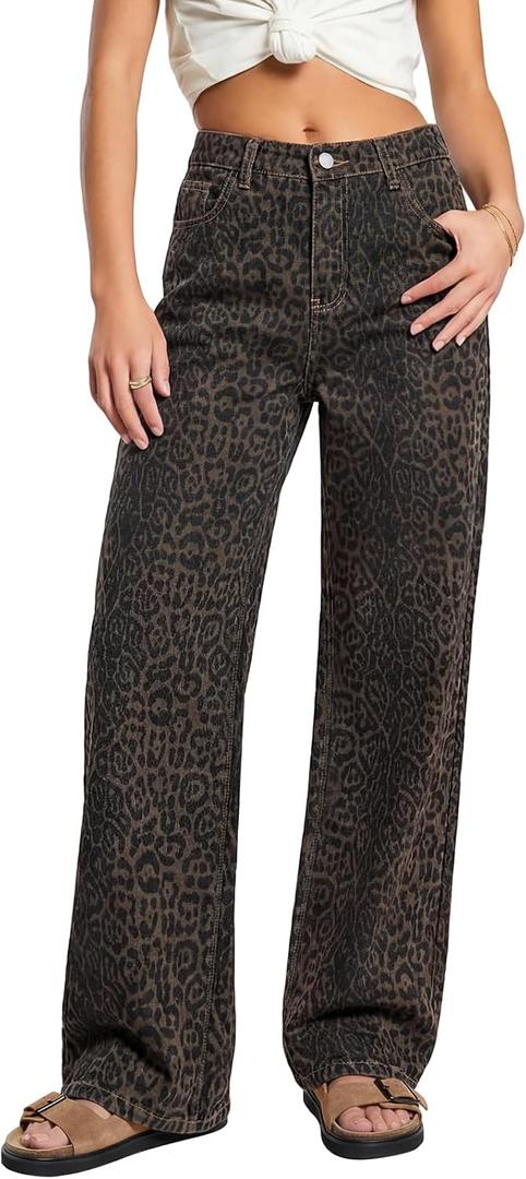 Baggy Jeans Womens Wide Leg Trendy High Waist Leopard Print Loose Fit Straight Denim Pants Y2k Vintage Style Casual (L)