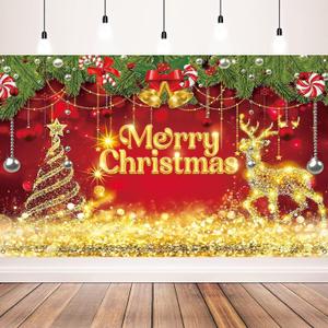 Merry Christmas Banner Backdrop - Christmas Party Decorations Red Gold Christmas and Happy New Year for Xmas New Years Eve Party Supplies, 71x43inch
