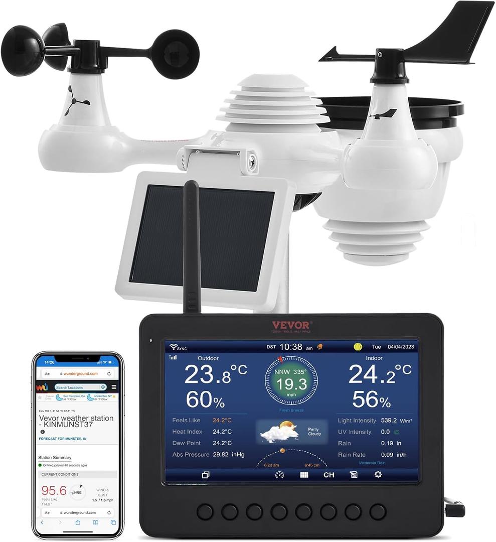VEVOR 7-in-1 Wi-Fi Solar Self-Charging Weather Station with 7" TFT Color Display, Solar-Powered Outdoor Sensor, Indoor&Outdoor Monitoring for Temperature, Humidity, Wind Speed/Direction and Rainfall