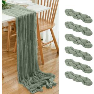 6 Pack Sage Green Cheesecloth Table Runner 21x120 Inch Boho Wrinkled Sheer Romantic Gauze Decor for Wedding, Bridal Shower, Birthday Party