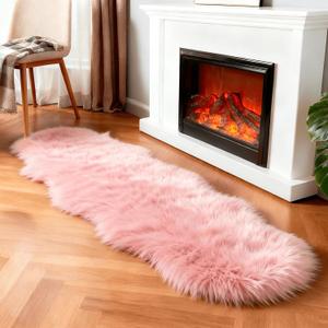 Faux Fur Rug Sheepskin Shag Fluffy Fuzzy Pink 2x6 ft Runner Rugs for Bedroom Bedside Bed Floor Living Room Plush High-Density Cushion Carpet Super Sofa Cover
