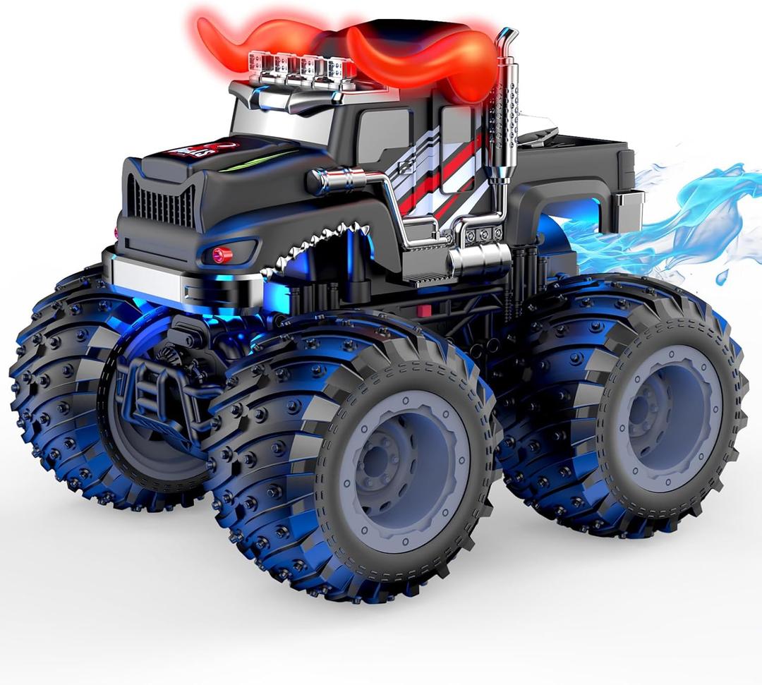 Remote Control Monster Trucks, 2.4GHz All Terrain RC Cars with Light Spray, Birthday Gift for Kids 3 4 5 6 7 8, Toddler Toys for Boys Girls 3+ Year Old