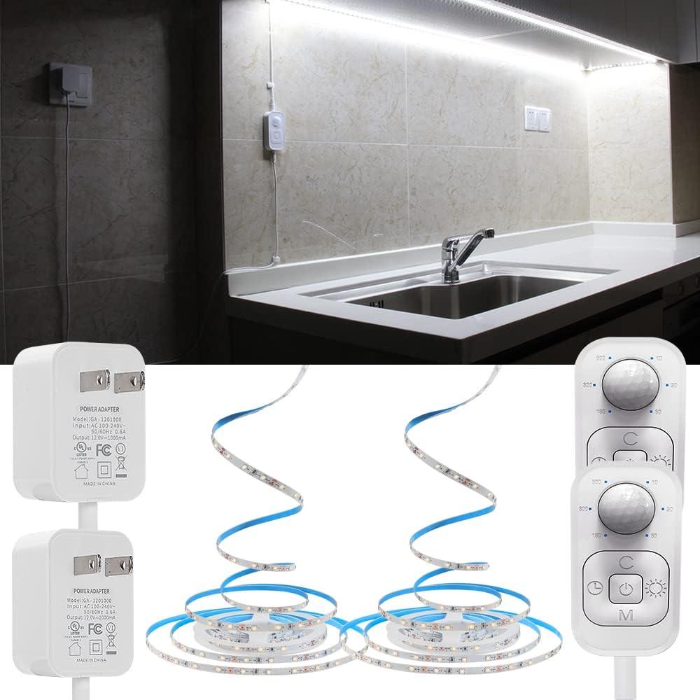 Under Cabinet Lights - Plug-in Motion Sensor LED Strip Lights Indoor with UL FCC Approved Adapter, Dimmer and Timer for Kitchen Cabinet, Stairway, Bedroom 2 Pack (Cold White)