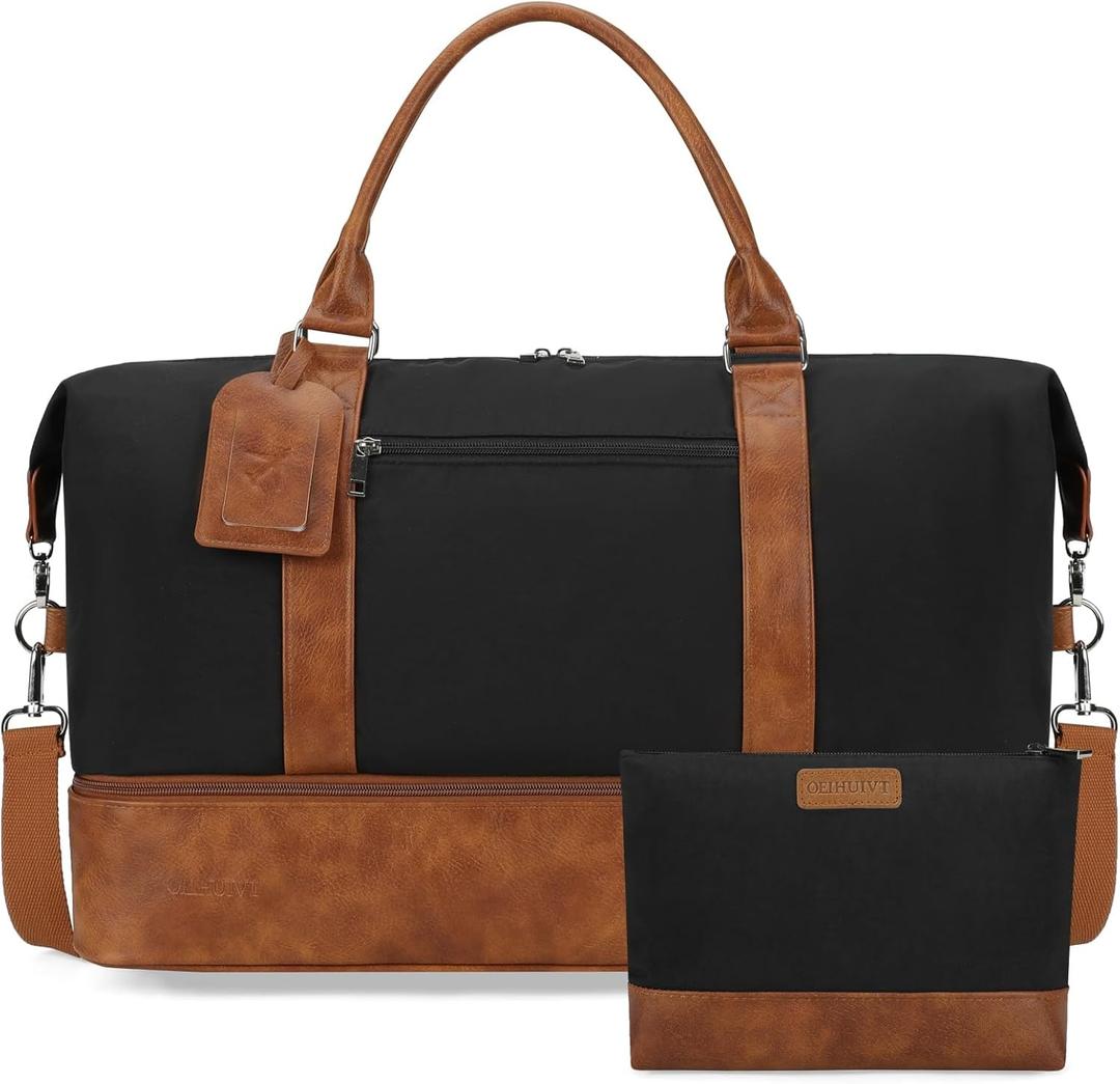 Oeihuivt Weekender Bags for Women - 21 Inch Large Travel Duffel Bag 2-Piece Set with Shoe Compartment, Heavy-Duty Canvas Leather Carry On Overnight Tote (Brown-Black)