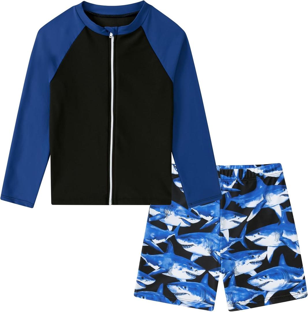 Boys Zipper Rash Guard Sets UPF 50+ with Short 3-9 Years (7-8 Years, 005 Shark)