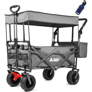Collapsible Canopy Wagon - Heavy Duty Utility Outdoor Foldable Garden Cart - with Adjustable Push Pulling Handles,Big Wheels for Sand, for Shopping, Picnic, Camping, Sports - Grey (Gray)