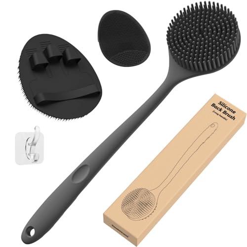 Manmihealth Silicone Back Scrubber (Thick Bristles) & Bath Glove & Face Brush Set(3PCS), Super-Exfoliating & Lathering Body Scrubber, Shower Brush, Face Scrubber Combination, with a Free Hook.(Black)