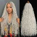 Silver White Goddess Locs Crochet Hair 7-Pack Pre Looped Braiding Hair 84 Strands Grey Bohemian Faux Loc Boho Braids River Loc Dreadlocs Hair for Black Women (Silver white, 24 Inch(Pack of 7))