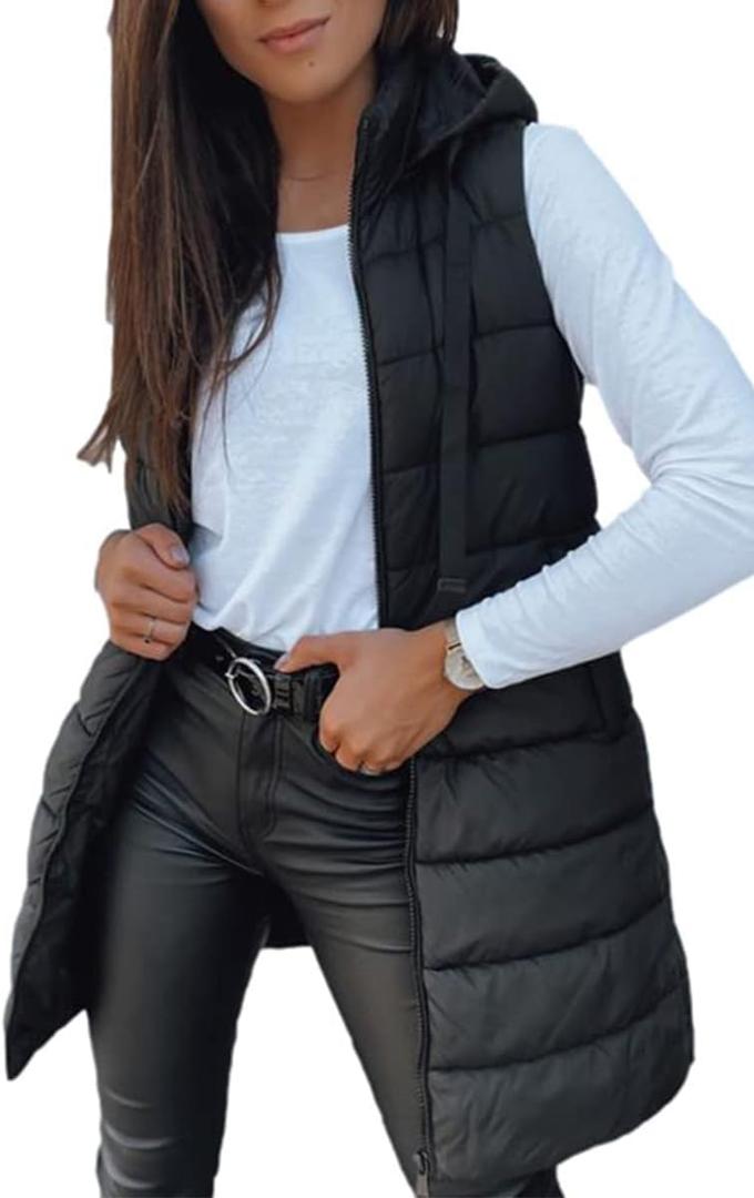 Veatzaer Women Long Vest Solid Color Sleeveless Hood Winter Puffer Vest Outwear (Medium, Black)