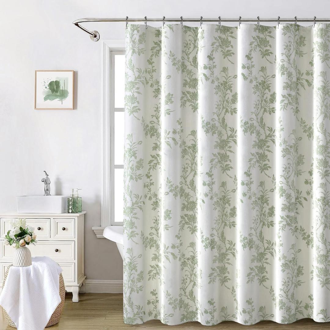 Awellife Sage Green Shower Curtain,Cotton Floral Cottagecore Spring Shower Curtains for Bathroom 72" W x 72" L