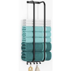 Towel Rack Bathroom Wall Holder: 27.9 Inch Wall Mounted Shower Organizer, for Rolled Towel Storage, 2 Metal Racks Plus Extra 5 Hooks, for Modern Small Space Bathroom RV Campers (Matte Black)