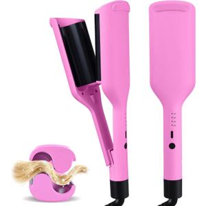 NONK Power Curling Iron Hair Crimper Waver, Ceramic Double Barrel Curling Wand, 1.25 Inch, Dual Voltage, Anti-Scald, Easy to Use, Hot Tools for Women, Pink, Gifts for Women