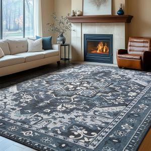 Rugflix 9x12 Area Rugs Machine Washable, Dark Navy Blue Carpet for Living Room, Oriental Indoor Area Rug Low Pile, Large Soft Thick Carpets Non Slip, Farmhouse Vintage Rug for Bedroom Dining Room
