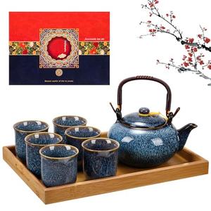 Layhit Japanese Asian Tea Set for Adults with 1 Teapot 6 Cups 1 Tray Traditional Portable Japanese Kiln Altered Glaze Porcelain Tea Set for Women Mother's Day Gifts(Blue)