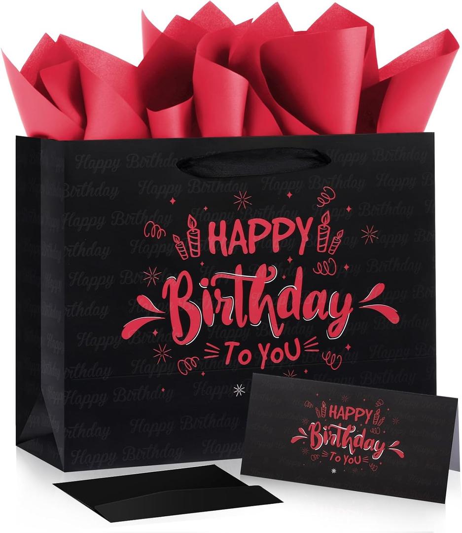 Black Red Birthday Gift Bag, 11" Birthday Paper Wrapping Bag with Tissue Paper, Greeting Card Envelope for Party Decorations Supplies Favors, Wrapping Paper for Women Men