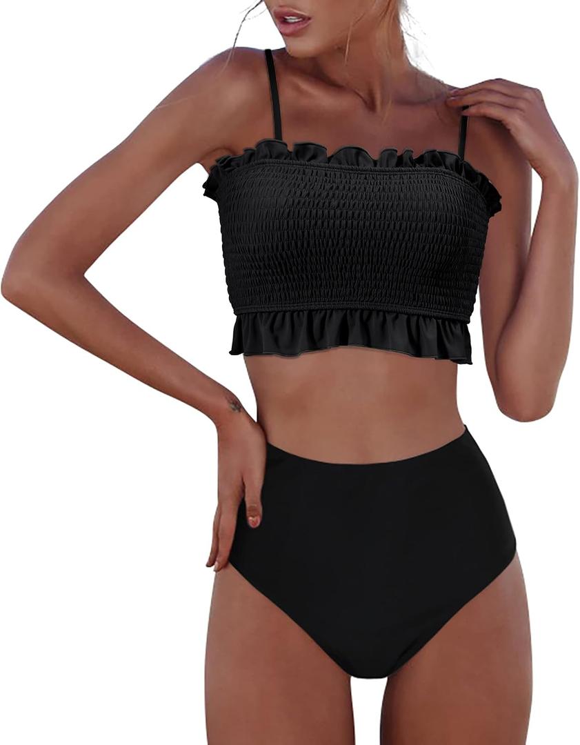 RXRXCOCO Womens Shirred Bandeau Bikini Cute Two Piece Swimsuit Off Shoulder High Waist Bathing Suit (Black, L)