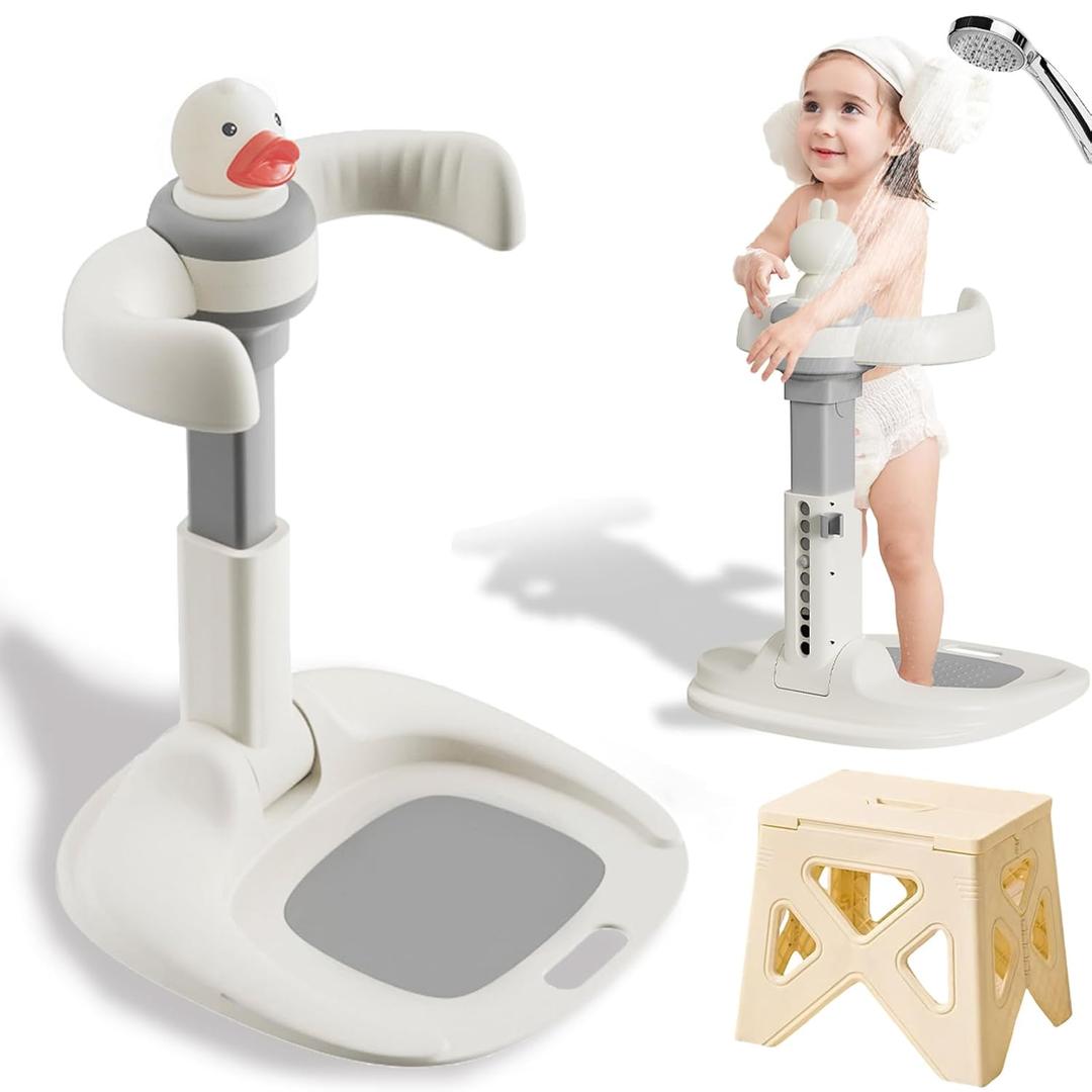 Jfxgjuv Adjustable Baby Shower Stand with Anti-Slip Base, Baby Bath With Stand, 6-36 Months Toddler Shower Standing Support, Bath Shower Standing Support, Easy Setup, Safe Design (Upgraded-Duck)