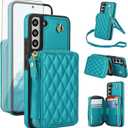 Phone Case for Samsung Galaxy S22 5G Wallet Cell Cover with Tempered Glass Screen Protector Wrist Crossbody Strap Stand RFID Blocking Credit Card Holder Slot S 22 22S 4G G5 6.1 inch Women Girls Green