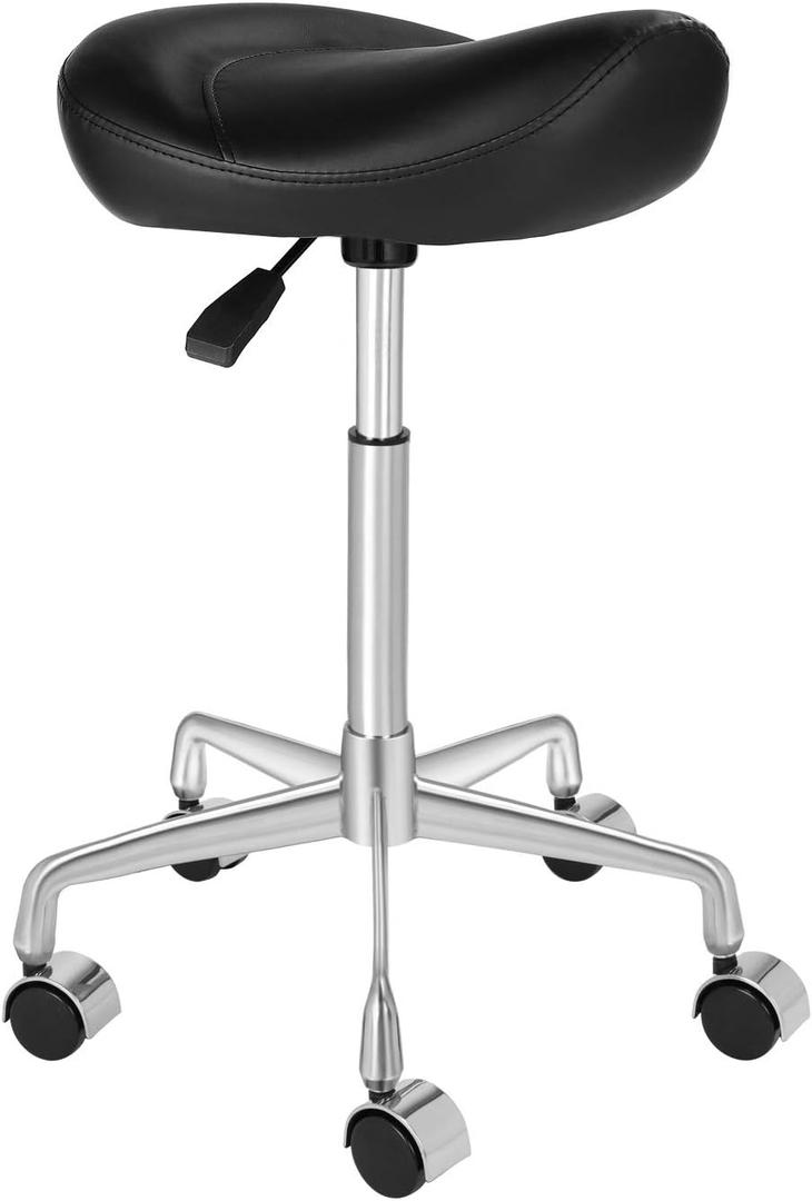 Kaleurrier Ergonomic Rolling Swivel Saddle Stool with Wheels,Hydraulic Pneumatic Lifting Height Adjustable Lightweight Chair for Clinic Hair Salon Massage Lab Kitchen Home Office (Black, Without Back)