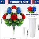 Suncalla 4 Pack Memorial Day Artificial Cemetery Flowers with Vase Patriotic Realistic Fake Silk Roses Red White Blue Outdoor Grave Decoration Rose Flowers Bouquet for 4th of July Independence Day