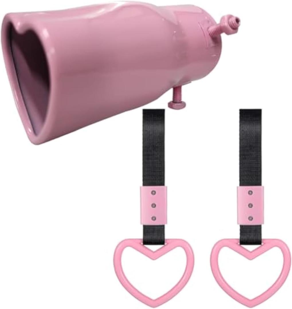 Heart Shaped Exhaust Tips 2.5 Inch Inlet Tailpipe End Car Exhaust Pipe Muffler, 2PCS Heart Shaped Car Handle Straps Rear Bumper Warning Ring Decor for Car Bus Subway (Straight,Pink)