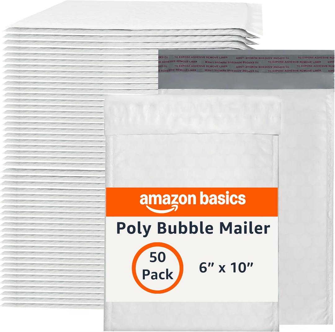Amazon Basics Poly Bubble Self-Seal Mailer, 6" x 10" (Internal Size - 5.75" x 9"), White, 50-Pack, White/Grey