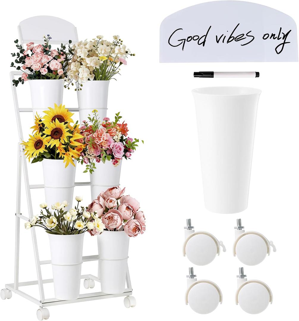 Flower Stand with 6 Buckets Suitable for Flower Bar, Indoor Outdoor Celebration Events, Flower Cart Display Stand Equipped with a Blackboard and Wheels (White)