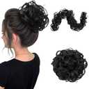 Benehair Messy Bun Hair Piece Juva Bun Hair Scrunchie Fluffy Curly Touseld Updo DIY Wrap Around Ponytail Hairpiece 32inch Wavy Donut Chignons for Women Dark Black 85g