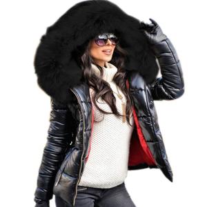 Aofur Womens Ladies Quilted Winter Coat Fur Collar Hooded Down Jacket Parka Outerwear (Large, Black_Black Fur) (Black, L)
