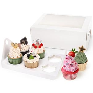 Yesland 30 Pack White Jumbo Cupcake Boxes, 6 Cupcake Containers with Windows, Handle Tray and Inserts, 10 x 6.8 x 4inch Tall Paper Cupcake Holder Carrier for Muffins, Standard or High Creams Cupcakes