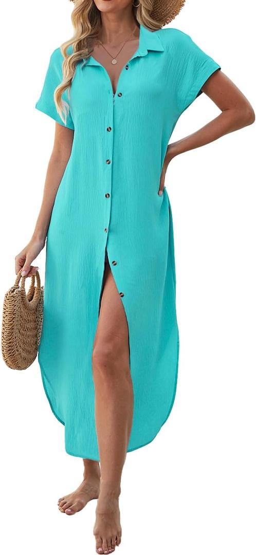 Halife Womens Swimsuit Cover Up Long Button Down Bathing Suit Coverups Short Sleeve Beach Vacation Dress Cover Ups Swimwear XL