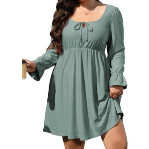AlvaQ Plus Size Dresses for Women Square Neck Long Sleeve Dress Embroidery Eyelet A Line Sundress with Pockets L-4X (Green, XXL)