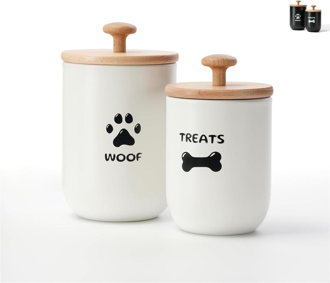 Dog Treat Container Set of 2, Dog treat jar with Airtight Lid, Small dog food container, Dog Cookie Jar for kitchen Counter, Treats Canister, Pet Treat Container 8.3x4.9 & 7.1x4.3 (White)