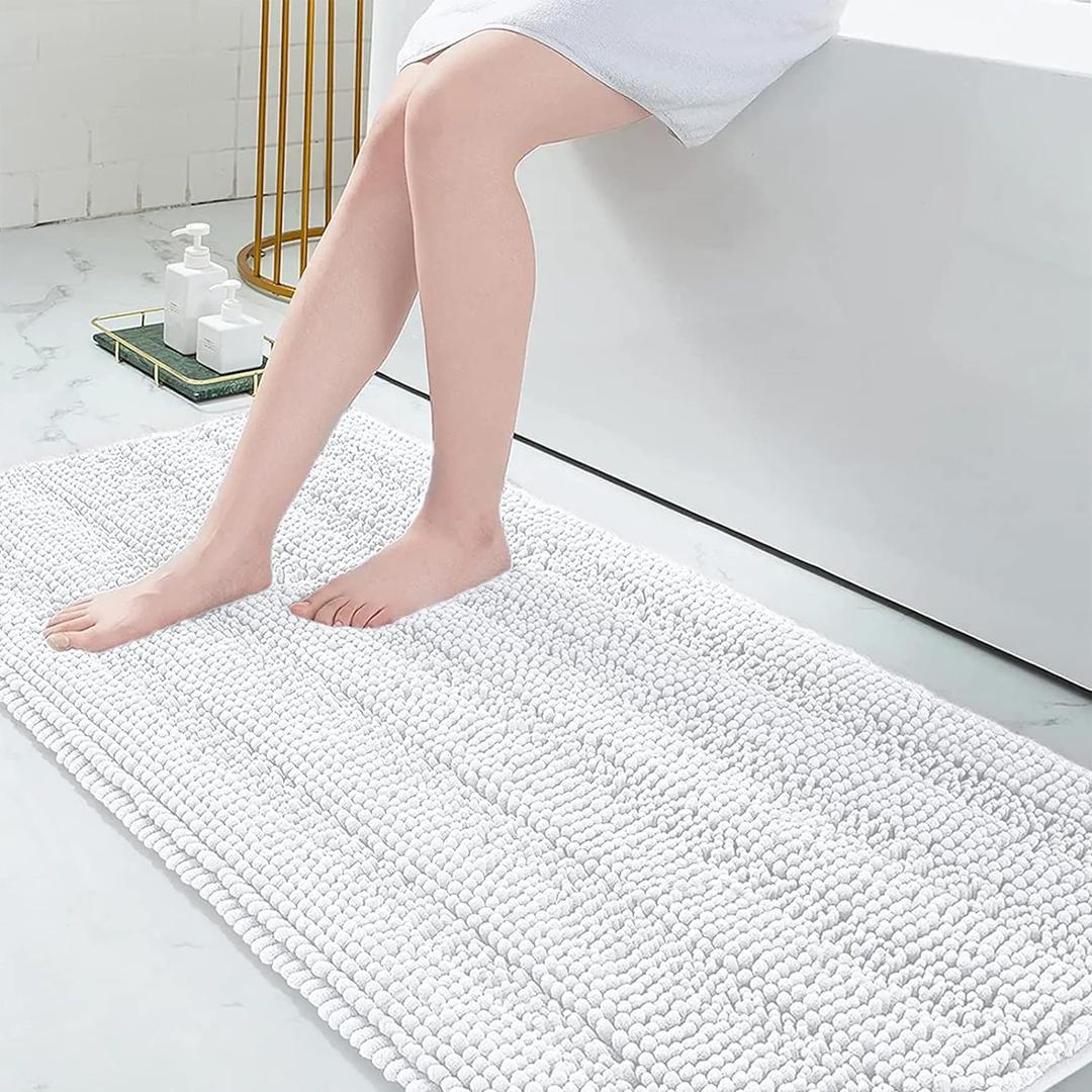 Grandaily Chenille Striped Bathroom Rugs 70x24, Extra Thick and Absorbent Bath Rugs, Non-Slip Soft Plush Shaggy Bath Carpet, Machine Wash Dry, Bath Mats for Bathroom, White